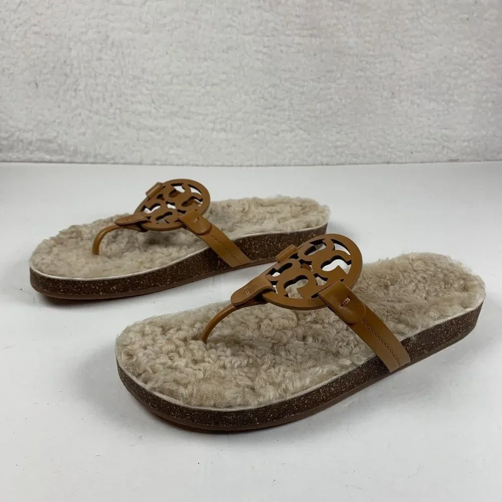 Tory Burch Miller‎ Cloud Shearling Women's Leather Sandal Size 9.5 Tan NIB S0404